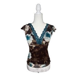 Vintage Y2K Sheer Floral Lace-Trim Top with flutter sleeve <3